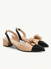 CUCCOO CHICEST 女款尖頭花朵飾品、對比色日常百搭時尚粗跟短跟鞋 - 卡其色 - 查看 4