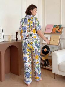 Chillnights Young Colorblock Vacation Lemon Sun Coconut Tree Print Comfortable Loose Fit Lapel Button Front Woven Plus Size Pajama Set - Multicolor - View 2