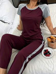 Napfluff Conjunto de pijama casual de pantalón largo y manga raglán para mujer - Rojo - Ver 5