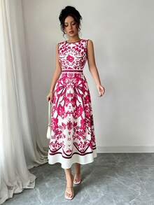 Elenzga Fashionable Sleeveless Full-Print Women's Dress - Red - View 5