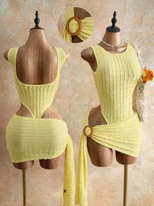 Mistrie Ensemble 2 pièces pour femme avec body sans manches à volants et jupe courte boutonnée - Jaune clair - Voir 2