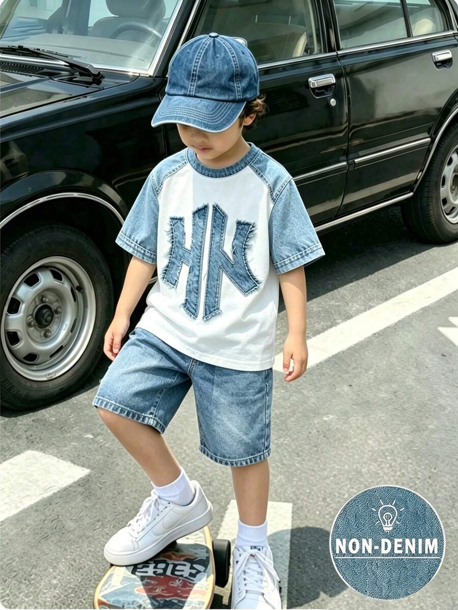 2件組小男孩酷炫圖案與個性化字母印花時尚T恤與運動短褲套裝,圓領短袖,適合假期派對、春夏休閒穿著、街頭風、戶外、返校季 - 彩色 - 查看 1