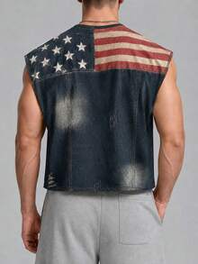 Manfinity Dauomo Top de hombre con estampado de bandera estadounidense, cuello redondo, sin mangas, abotonado sencillo y decoración de bolsillo - Multicolor - Ver 2