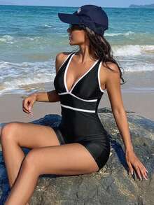 DAZY Women's Vacation Beach Color Block Trim One-Piece Swimsuit Summer Black And White Casual Athleisure - Brown - View 5