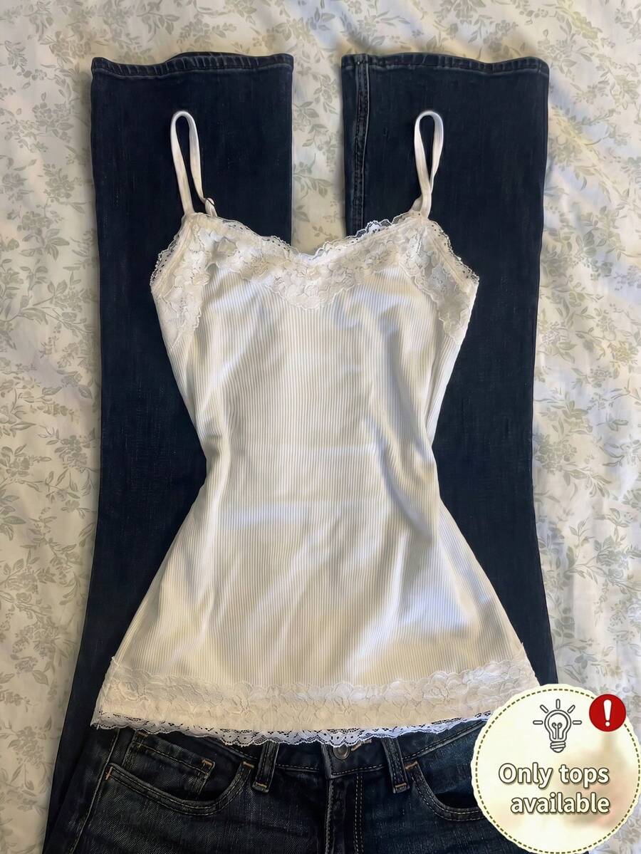 IslaSuriya 女款休閒螺紋蕾絲飾邊細肩帶背心上衣 - 白色 - 查看 1