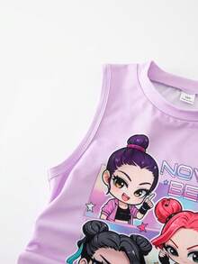 SHEIN ChillGRL 青少年女孩街頭風橘色星星印花側抽繩背心搭配腰帶拼色拼接工裝口袋褲 2件套 春夏休閒套裝 - 紫色 - 查看 5