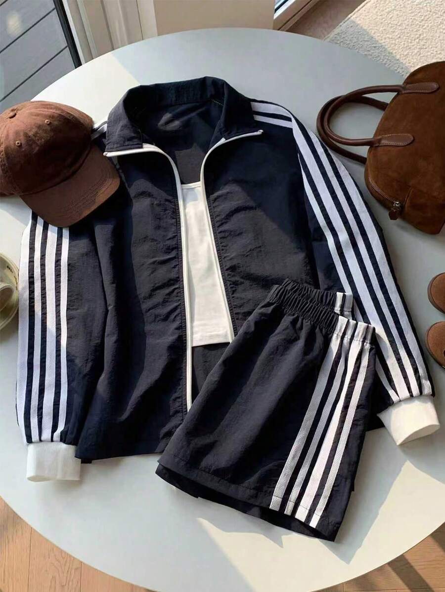 SHEIN Girls' New Autumn/Winter Fashion Striped Long Sleeve Zip-Up Jacket With Camisole And Shorts Set, Casual 3-Piece Outfit, Children's Casual Sports Style 3-Piece Set, Navy Blue With White Trim 4-Stripe Jacket + White Camisole + Matching Shorts Summer Set - Navy Blue - View 1