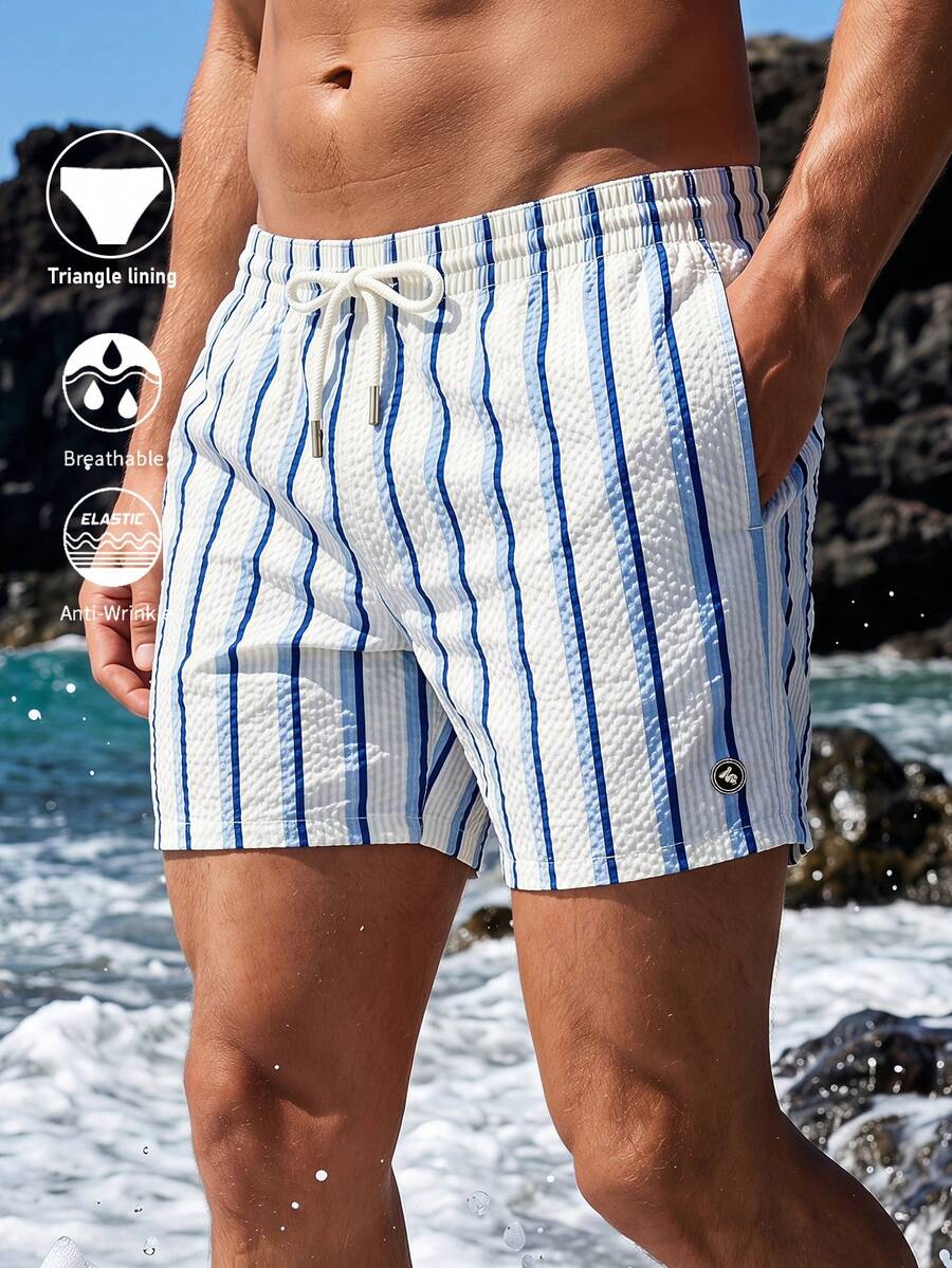 Manfinity Swimmode Men's Drawstring Waist Blue And White Striped Casual Tropical Beach Vacation Shorts Summer Textured Pocket Tropical Swim Bathing Pool Party Gift - Multicolor - View 1