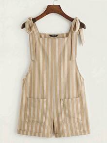 SHEIN EZwear 夏季休閒波希米亞風法式米色打結肩帶口袋連身褲 度假風 - 彩色 - 查看 6