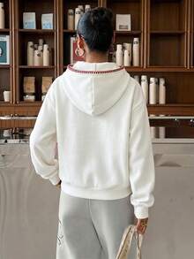 SHEIN EZwear 女款休閒極簡風愛心刺繡圖案連帽長袖寬鬆加厚運動衫 - 白色 - 查看 2