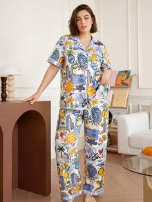 Chillnights Young Colorblock Vacation Lemon Sun Coconut Tree Print Comfortable Loose Fit Lapel Button Front Woven Plus Size Pajama Set - Multicolor - View 3