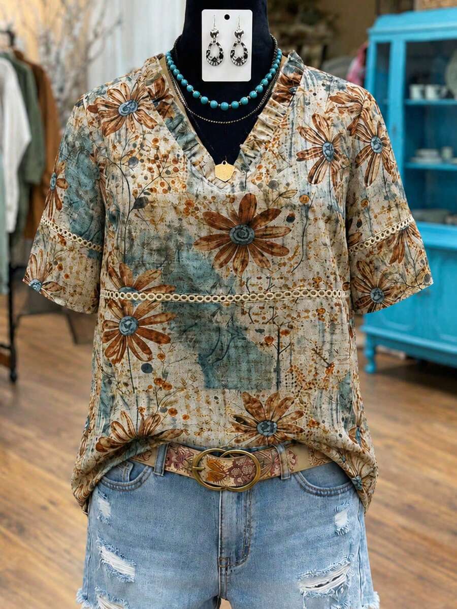 Linhara Plus Size Women's Beige Boho Summer Vacation Retro Floral V-Neck Short Sleeve Blouse,Vintage Printed Ruffle Trim Flare Sleeve Design,Daily Commute - Multicolor - View 1