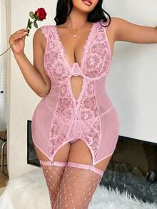 SHEIN 2pcs Plus Size Sexy Lace Contrast Mesh Lingerie Set - Pink - View 3
