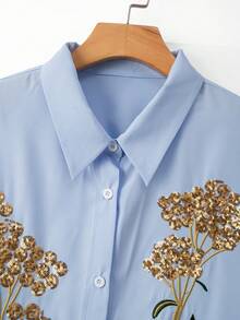 GlowEve CURVE Plus Size Women's Casual Commuter Style Sequin Floral Embroidered Solid Color Blouse, Suitable For Daily Commute And Everyday Wear - Blue - View 3