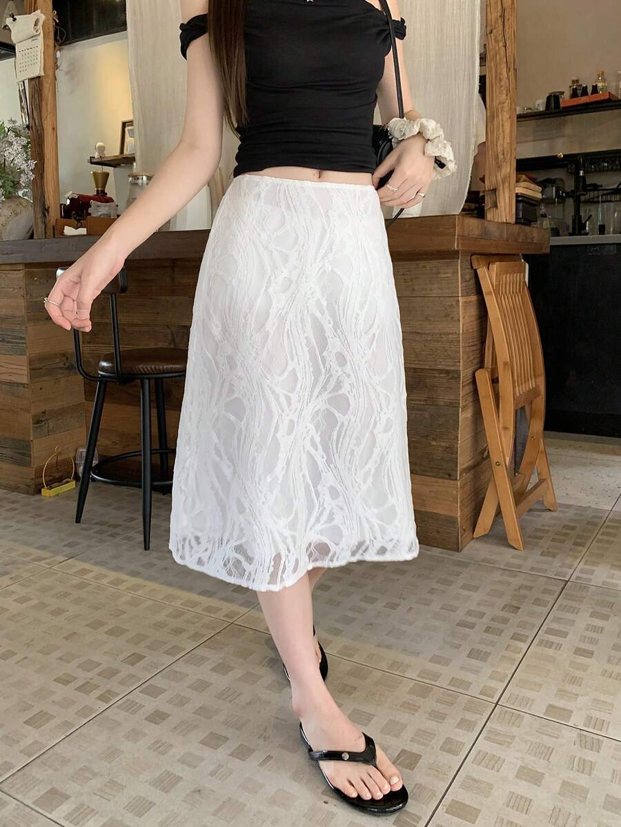 DAZY Women's Elastic Waist Loose Straight Lace Long Skirt Autumn High Tea Date White Romantic Elegant - White - View 1