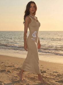 Flora Isola Flora Isola 春夏贝壳刺绣元素女士吊带针织连衣裙 - 駝色 - 查看 3