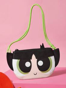 THE POWERPUFF GIRLS X SHEIN 卡通超級英雄女孩人造皮革斜背包，可愛角色設計單肩包，適合女孩與青少年的迷你側背包 - 黑色 - 查看 4