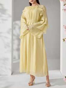 Solavon Plus Size Women's Gentle Elegant Modest Traditional French Style Pleated Textured Ruffle Waist Dress Wedding Formal Butter Yellow Autumn - Yellow - View 5
