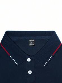 Manfinity Homme 男士對比飾邊 Polo 衫，男士長袖 Polo 衫，男士高爾夫球衫，男士藍色上衣，秋季，正式 - 藏蓝色 - 查看 3