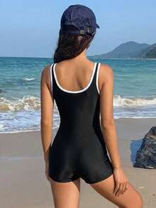 DAZY Women's Vacation Beach Color Block Trim One-Piece Swimsuit Summer Black And White Casual Athleisure - Brown - View 2