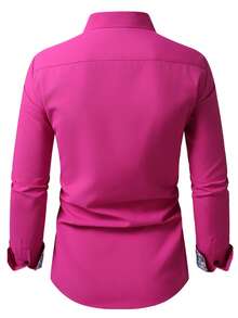 Manfinity Mode Camisa de manga larga con patrón floral de patchwork de un solo pecho (no posicionado), formal para hombre - Rosa Fucsia - Ver 2