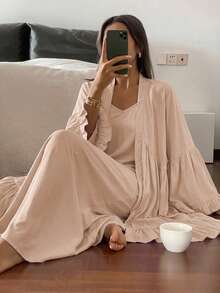 Livesso 2件組荷葉邊拼接長版開襟外套與洋裝睡衣套裝，春夏女款睡衣 - 杏色 - 查看 4