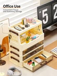 1-3 Layers Large Capacity Dust-Proof Cosmetic Storage Box With Drawers, Multi-Layer Makeup Display Stand Suitable For Skincare And Lipstick Collection, Portable Plastic Vanity Holder, Suitable For Bathroom Essentials ,Jewellery Box - cream - View 2
