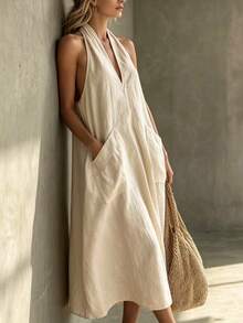 SHEIN Franclia Women's Elegant V-Neck Backless Lace-Up Sleeveless Casual Loose Linen Blend Dress - Apricot - View 3