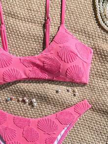 Bonvoyette Setelan Baju Renang Wanita Kasual Modis 2 Potong Motif Cangkang Ungu Musim Semi/Panas dari Kain Jacquard Rajut - Hot Pink - View 10