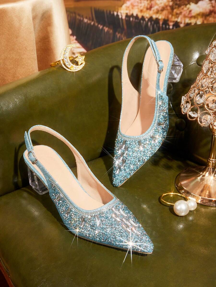 CUCCOO TILAWA Women's Crystal Heel Glass Rhinestone Pointed Toe Blue High Heel Pumps, Suitable For Outings, Banquets, Parties And Other Events - Ice Water - View 1