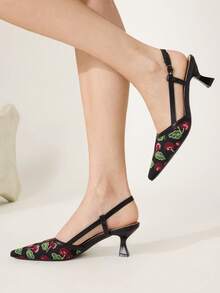 CUCCOO CHICEST 黑色櫻桃刺繡布面女款細高跟鞋 Kitten Heel 優雅新款 露跟通勤約會下午茶晚餐日常穿搭 - 黑色 - 查看 7
