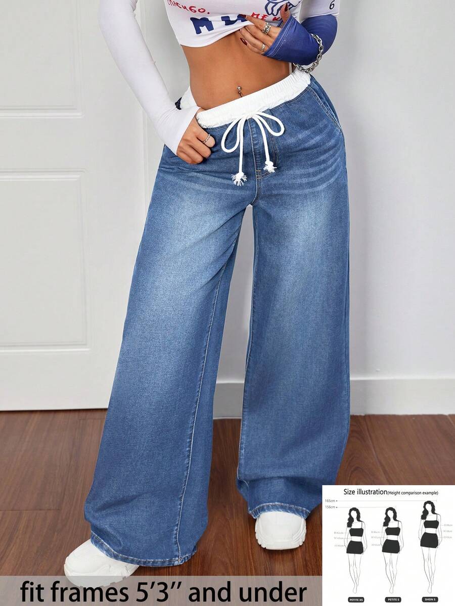 SHEIN PETITE 女式双腰休闲阔腿牛仔裤、女式妈妈牛仔裤、牛仔裤、女式喇叭裤、低腰宽松牛仔裤、寒冷天气、冬季女式裤子、感恩节、小号宽松牛仔裤