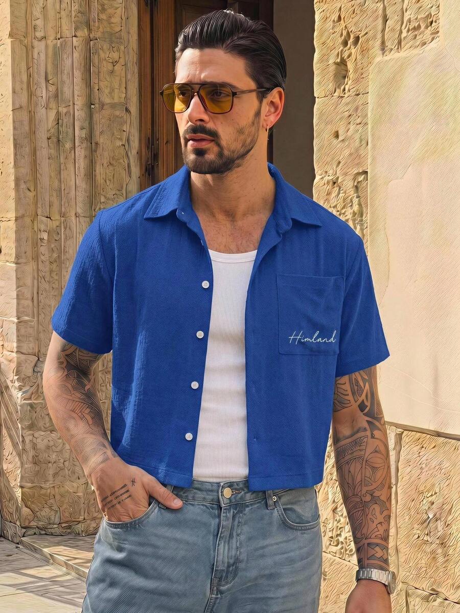 HIMLAND Men's Short Sleeve Single-Breasted Pocket Shirt With Chest Embroidery - Blue - View 1