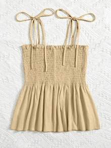 SHEIN Franclia Women's Summer Vacation Solid Color Spaghetti Strap With Ruffle Hem - Apricot - View 2