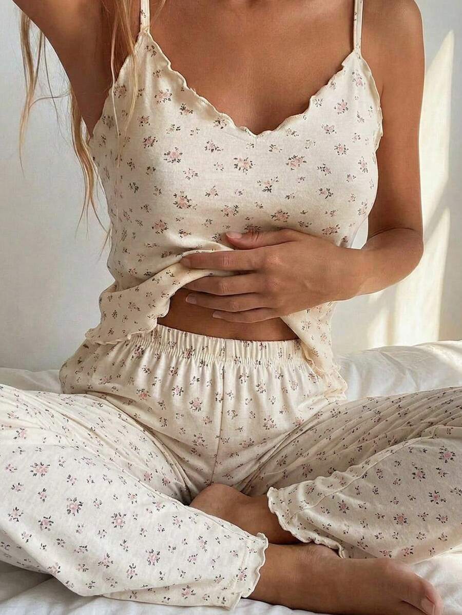 DAZY 甜美碎花無袖細肩帶背心上衣與直筒短款睡褲 2件組夏季女款睡衣套裝 - 米色 - 查看 1