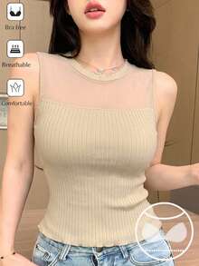 DAZY เสื้อชั้นในผู้หญิงสีพื้นตัดสีตาข่ายริ้ว - สีกากี - ดู 5