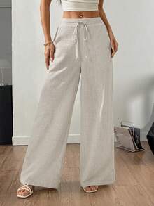 SHEIN Tall CURVE Damen Große Größen einfarbige Leinen Kordelzug Weites Bein Taschen Strukturierte Lässig Hose, Vintage Stil Locker Sitzende Leinen Hose, Sommer Strand Urlaub Hose, Cargohose - Aprikosenfarben - Übersicht 5