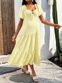 Boho Mama 孕婦純色前綁帶短袖優雅浪漫連身裙 拍照用 夏季柔黃色 - 黃色 - 查看 6