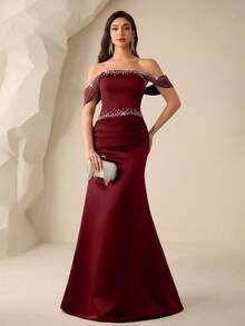 Coutiva Women's Tube Front Beaded + Rhinestone Embellished Bustier Formal Evening Gown (Heavy Workmanship Style) - Burgundy - View 5
