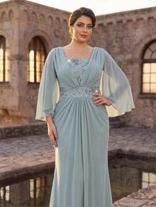 Serin Plus Size Elegant Luxurious Romantic Blue Sequin Patchwork Sequins Rhinestone Flutter Sleeve Chiffon Ruched A-Line Wedding Event Bachelorette Party Vacation Prom Evening Gown (Intricate Design) - Baby Blue - View 2