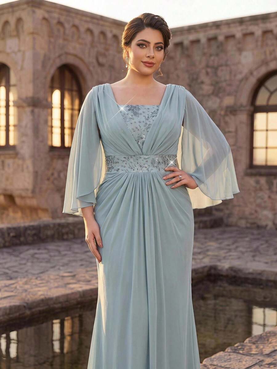 Serin Plus Size Elegant Luxurious Romantic Blue Sequin Patchwork Sequins Rhinestone Flutter Sleeve Chiffon Ruched A-Line Wedding Event Bachelorette Party Vacation Prom Evening Gown (Intricate Design)