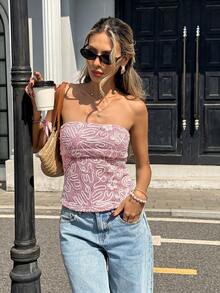 Pariaura Women's French Elegant Apricot Textured Embroidered Top, Suitable For Daily Wear, Outings, Vacation - Pink - View 4