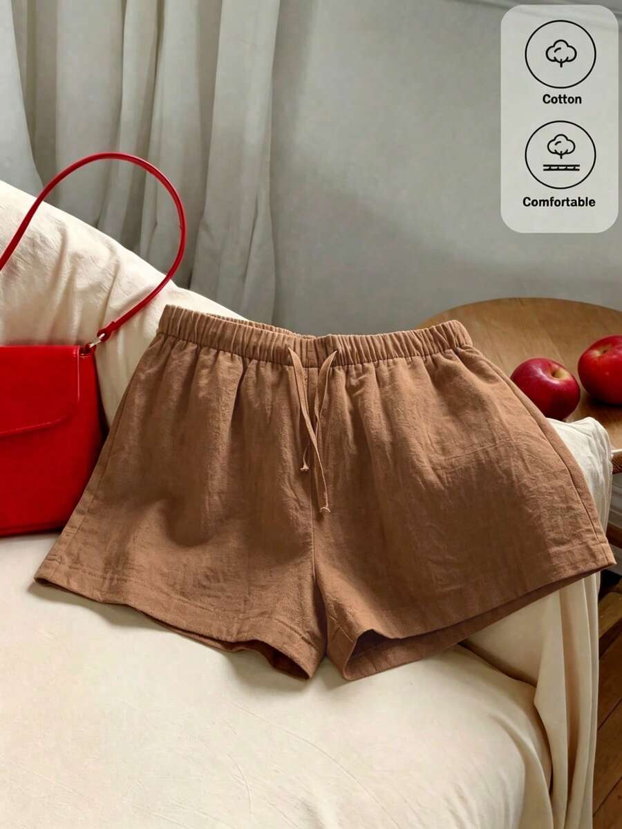 SHEIN 青少年女孩紋理抽繩腰休閒短褲 - 咖啡棕 - 查看 1
