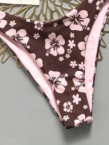 Swim Mod Women's 2026 Spring/Summer New Dual-Color Print Dual-Fabric Triangle Top High-Cut Triangle Bottom Bikini Swimwear 2 Pieces Set - Multicolor - View 4