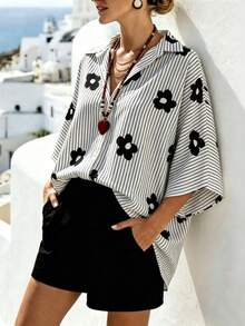 Breezaya Women's Summer Casual Minimalist Style Geometric Line Pattern Split Hem Drop Shoulder Trim Shirt Fashion Commute Blouse - Black - View 4