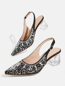 CUCCOO TILAWA Women's Crystal And Glass Rhinestone Pointed Black High-Heeled Shoes, Suitable For Going Out, Banquets, Parties And Other Activities - jet black - View 6