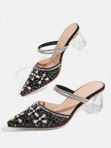 CUCCOO TILAWA Sepatu hak tinggi wanita berwarna hitam dengan hiasan kristal dan rhinestones yang modis dan elegan, cocok untuk perjamuan, pesta, dan acara lainnya. - hitam legam - View 6