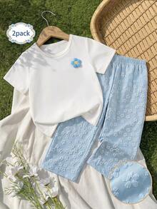 SHEIN Playful Pals 2件組少女可愛時尚Y2K 3D花朵軟綿短袖上衣褲套裝 夏季海灘日常穿搭服飾 - 彩色 - 查看 10