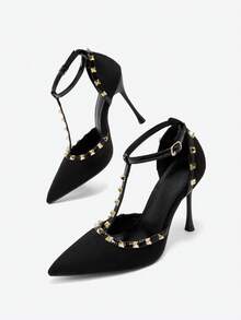 Eladyva Women's Black Studded T-Strap Stilettos - Ankle Buckle Pointed Toe Party Heels,Mothers Day Gift - Black - View 5