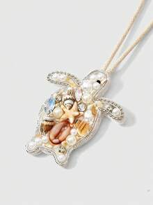 ROMWE Kawaii 波希米亞風手工貝殼水鑽海星、海龜、鯨魚、海馬包包吊飾，適合度假草編包與托特包裝飾 - 米色-烏龜 - 查看 4
